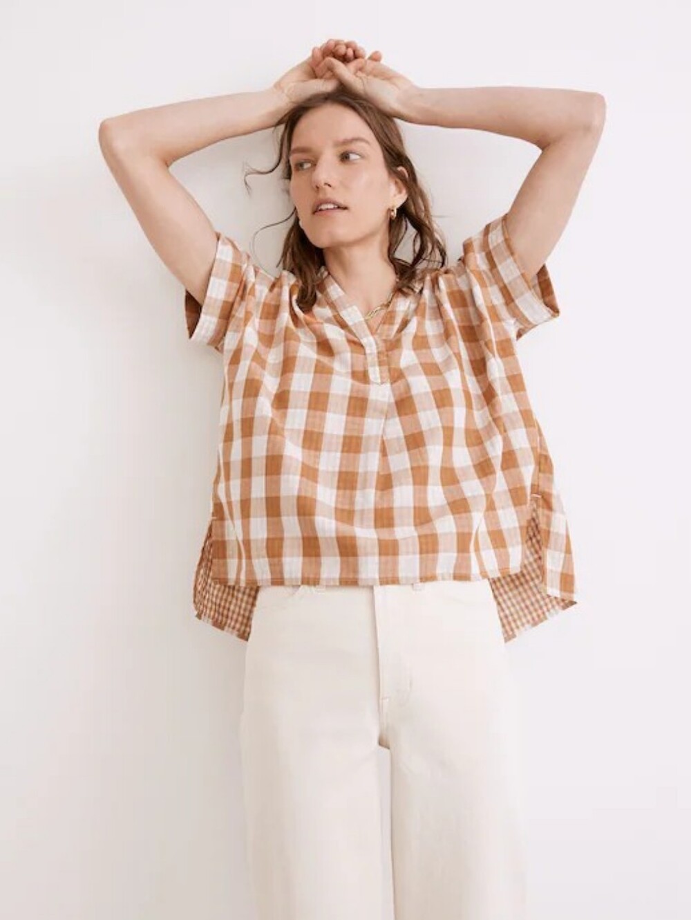 Madewell Tan and White Gingham Short-Sleeve Popover